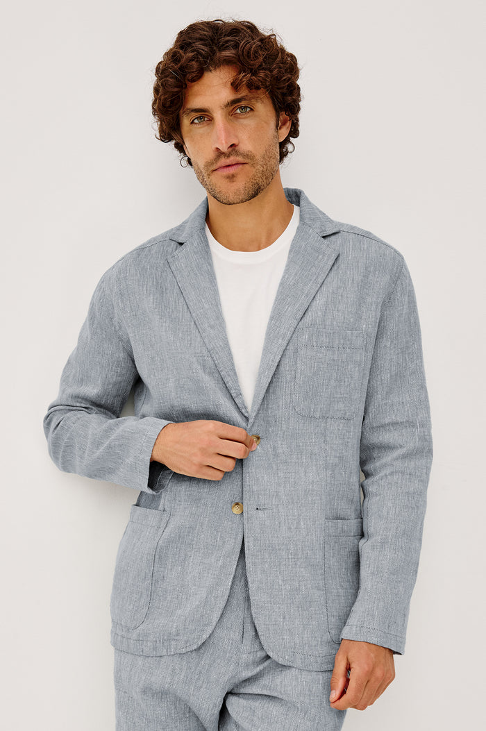 Harris Blazer in Cotton-Linen Blend With Single-Breasted Buttons, Straight Fit, Notched Lapels, and Front Patch Pockets in Bicoastal Blue Colorway - Upper Body Front View Featured on Model