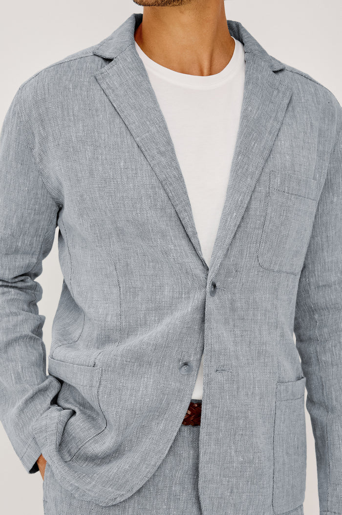 Harris Blazer in Cotton-Linen Blend With Single-Breasted Buttons, Straight Fit, Notched Lapels, and Front Patch Pockets in Bicoastal Blue Colorway - Upper Body Front View Featured on Model