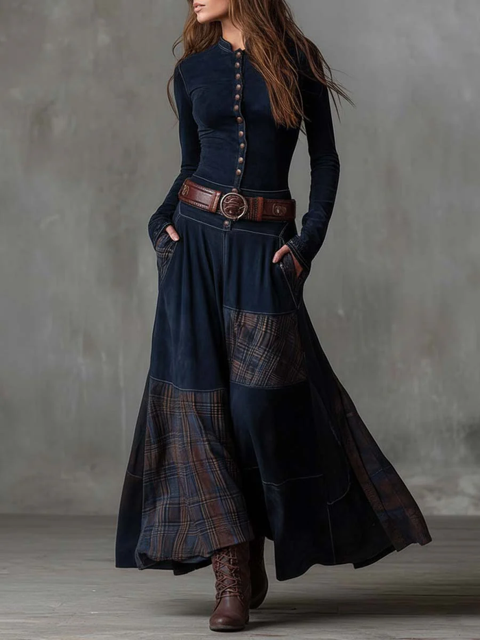 Helena Ivy | Winter Night Navy Suede Maxi Dress with Belt