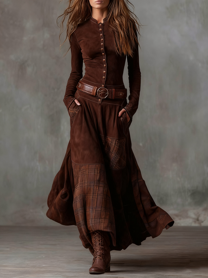 Helena Ivy | Winter Night Navy Suede Maxi Dress with Belt