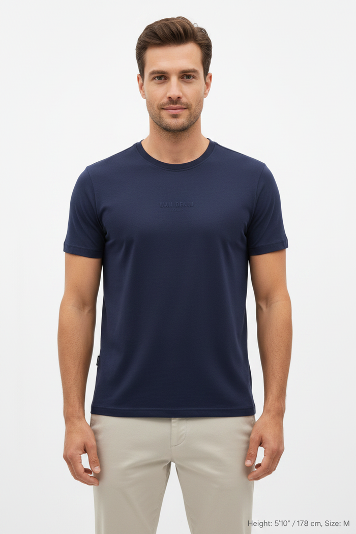 Wam Denim Cromer Navy T-shirt – model front view with size label