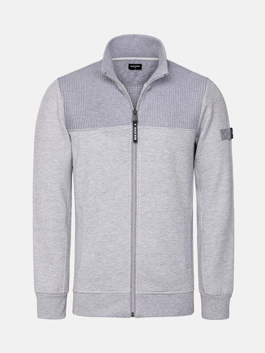 The Fletcher Light Grey Vest, full-zip sweater with ribbed upper design and stand collar – Wam Denim.