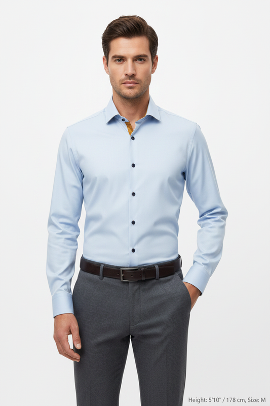 Wam Denim Ordin Light Blue Long Sleeve Shirt – model front view, tucked in