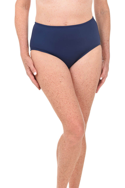 Navy high-waisted bikini bottom on a white background.
