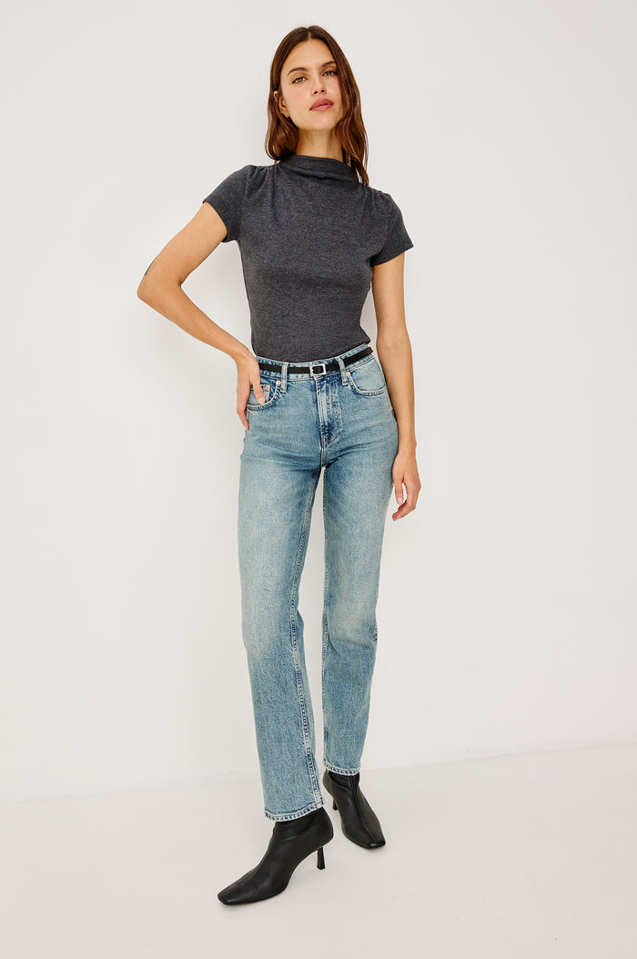 Isobel Top in Brushed Rib Jersey With Funnel Neckline, Shirred Shoulders, and Short Sleeves in Charcoal Colorway - Full Body Front View Featured on Model