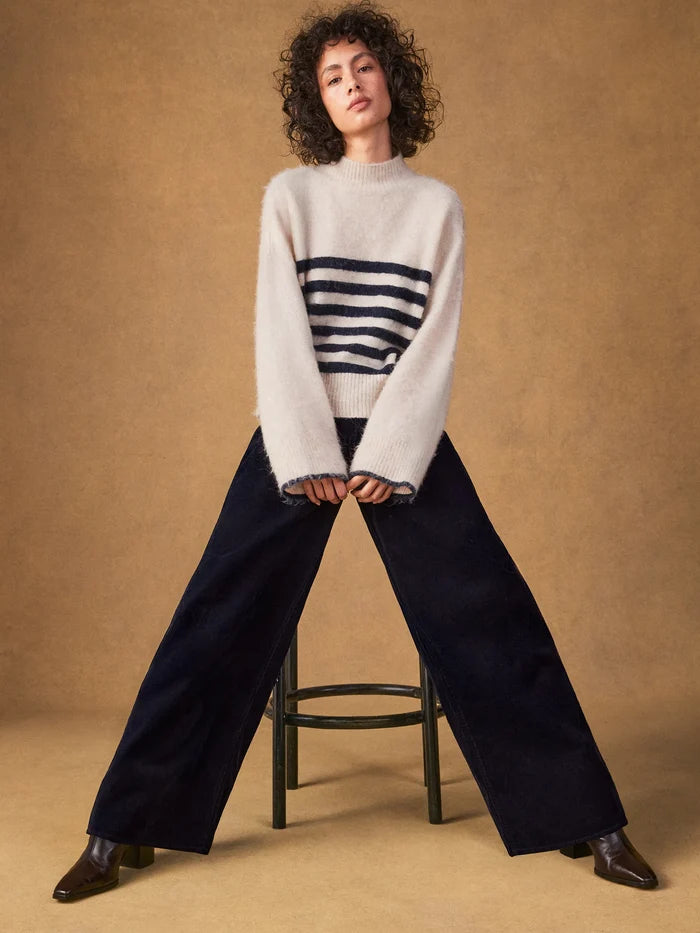 Ivory And Navy Stripe Fluffy Jumper With Alpaca