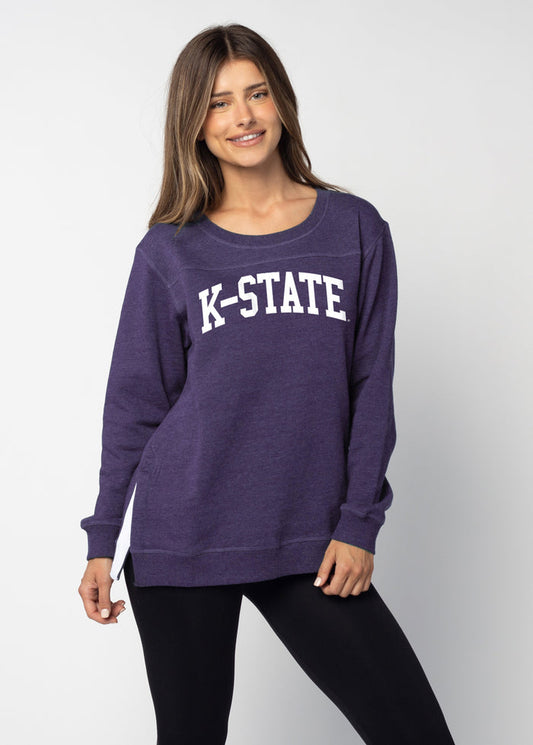 Kansas State Wildcats Women's Purple  Feathered fleece  with Long side slits finished with white twill tape and front yoke seam
