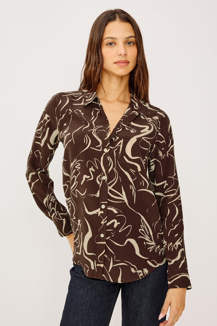 Kate Button-Up Collared Shirt in Washed Silk With Front Buttons, Long Sleeves, and Chest Patch Pocket in Brown Colt Colorway - Upper Body Front View Featured on Model
