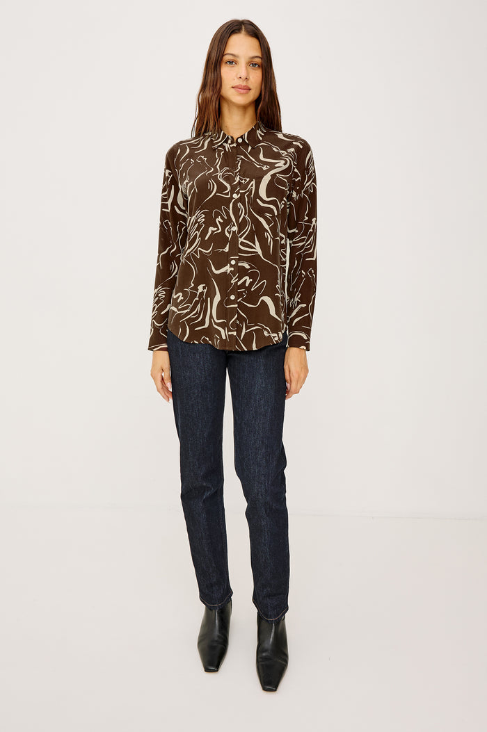 Kate Button-Up Collared Shirt in Washed Silk With Front Buttons, Long Sleeves, and Chest Patch Pocket in Brown Colt Colorway - Full Body Front View Featured on Model