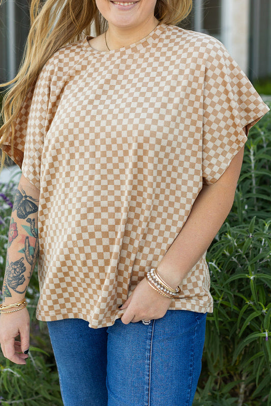 Khaki Checkerboard Short Batwing Sleeve Round Neck Plus Size T Shirt - KHAKI / 1X / 90% POLYESTER + 10% ELASTANE