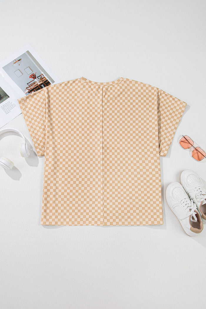 Khaki Checkerboard Short Batwing Sleeve Round Neck Plus Size T Shirt - Size/Plus Tops/Plus Tops & Tees