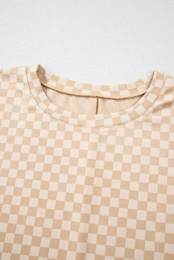 Khaki Checkerboard Short Batwing Sleeve Round Neck Plus Size T Shirt - Size/Plus Tops/Plus Tops & Tees