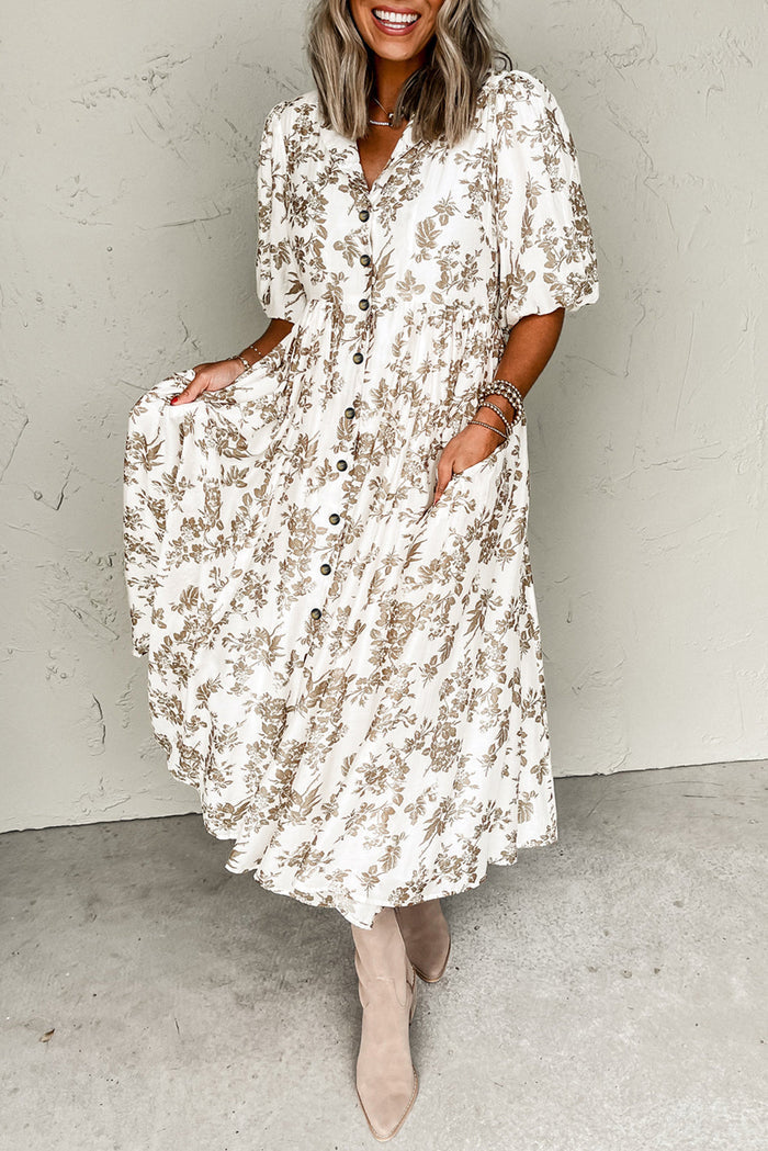 Khaki Floral Puff Sleeve V Neck Buttoned Front Maxi Dress - S / 80% Viscose + 20% Polyamide - Dresses/Maxi Dresses
