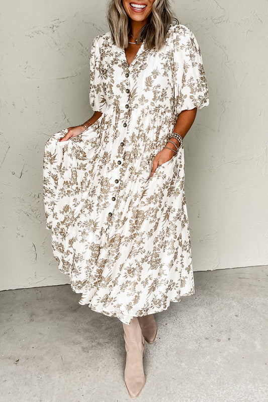Khaki Floral Puff Sleeve V Neck Buttoned Front Maxi Dress - S / 80% Viscose + 20% Polyamide - Dresses/Maxi Dresses