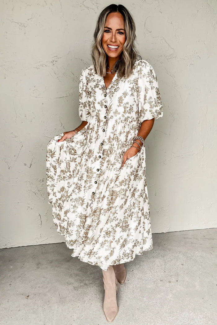 Khaki Floral Puff Sleeve V Neck Buttoned Front Maxi Dress - Dresses/Maxi Dresses