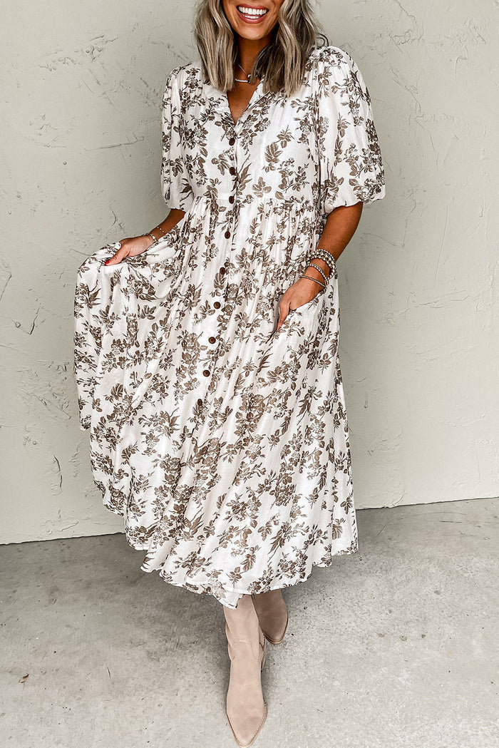 Khaki Floral Puff Sleeve V Neck Buttoned Front Maxi Dress - Dresses/Maxi Dresses