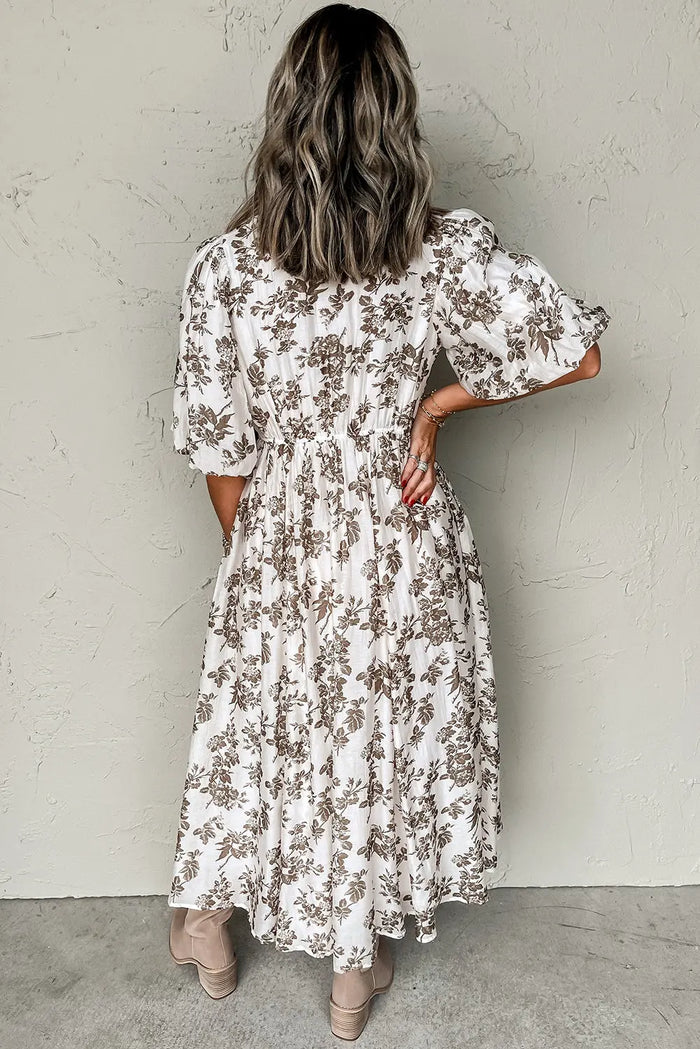 Khaki Floral Puff Sleeve V Neck Buttoned Front Maxi Dress - Dresses/Maxi Dresses