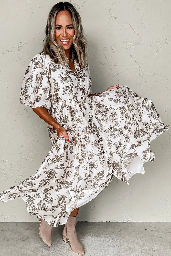 Khaki Floral Puff Sleeve V Neck Buttoned Front Maxi Dress - Dresses/Maxi Dresses