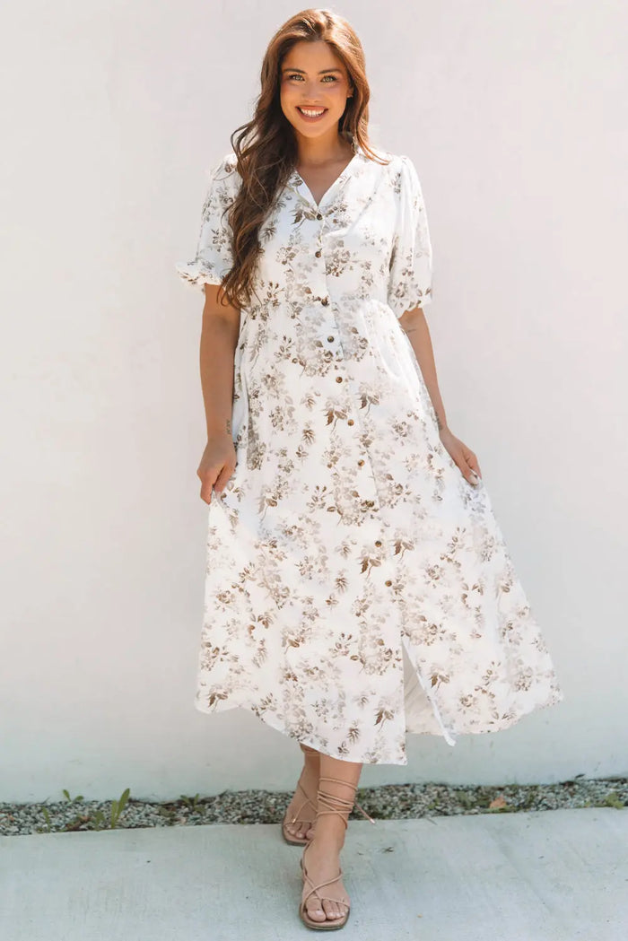 Khaki Floral Puff Sleeve V Neck Buttoned Front Maxi Dress - Dresses/Maxi Dresses