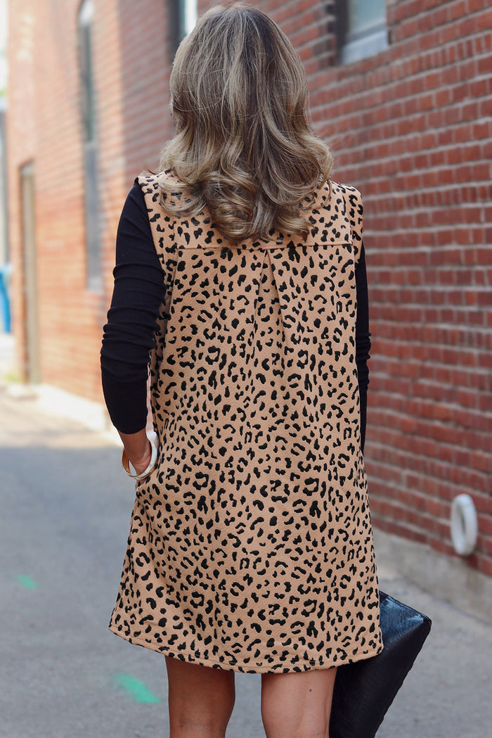 Khaki Leopard Print V Neck Sleeveless Collared Mini Dress - Dresses/Mini Dresses