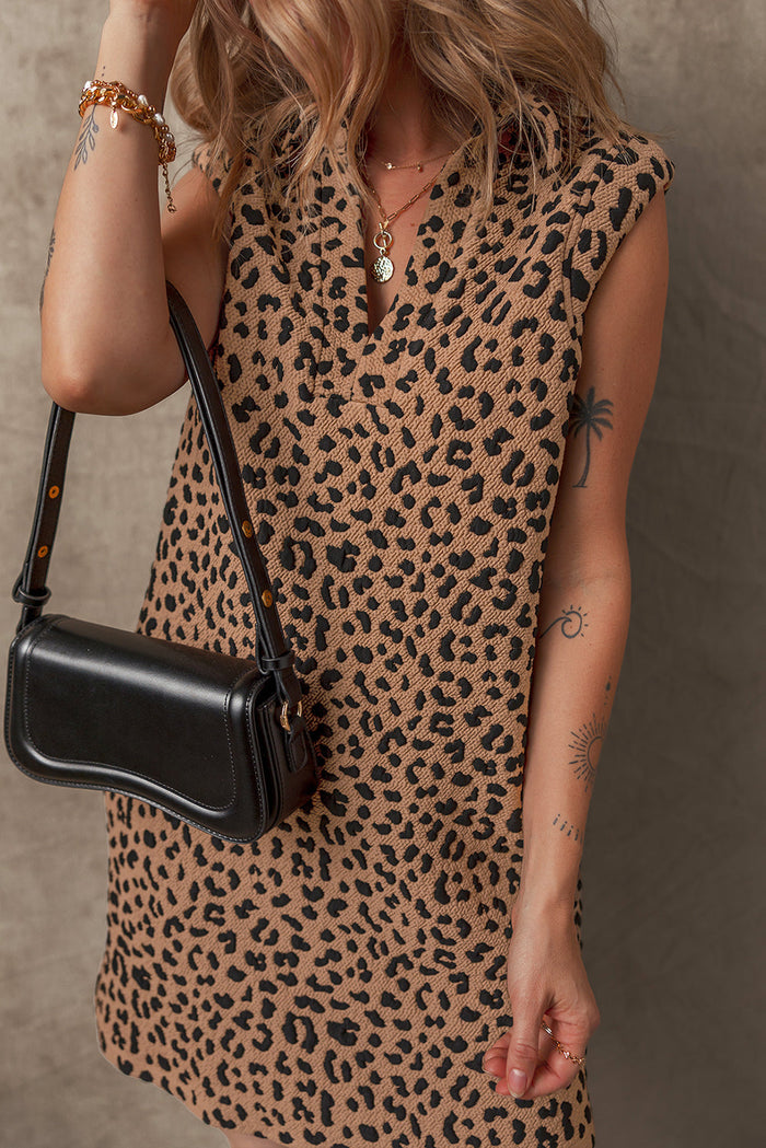 Khaki Leopard Print V Neck Sleeveless Collared Mini Dress - Dresses/Mini Dresses