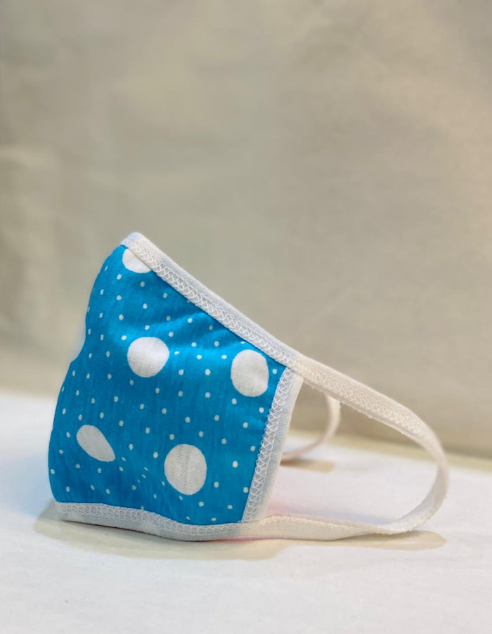 Kid's Cotton Unisex  Blue & White Polka Dots Printed Cloth Face Masks