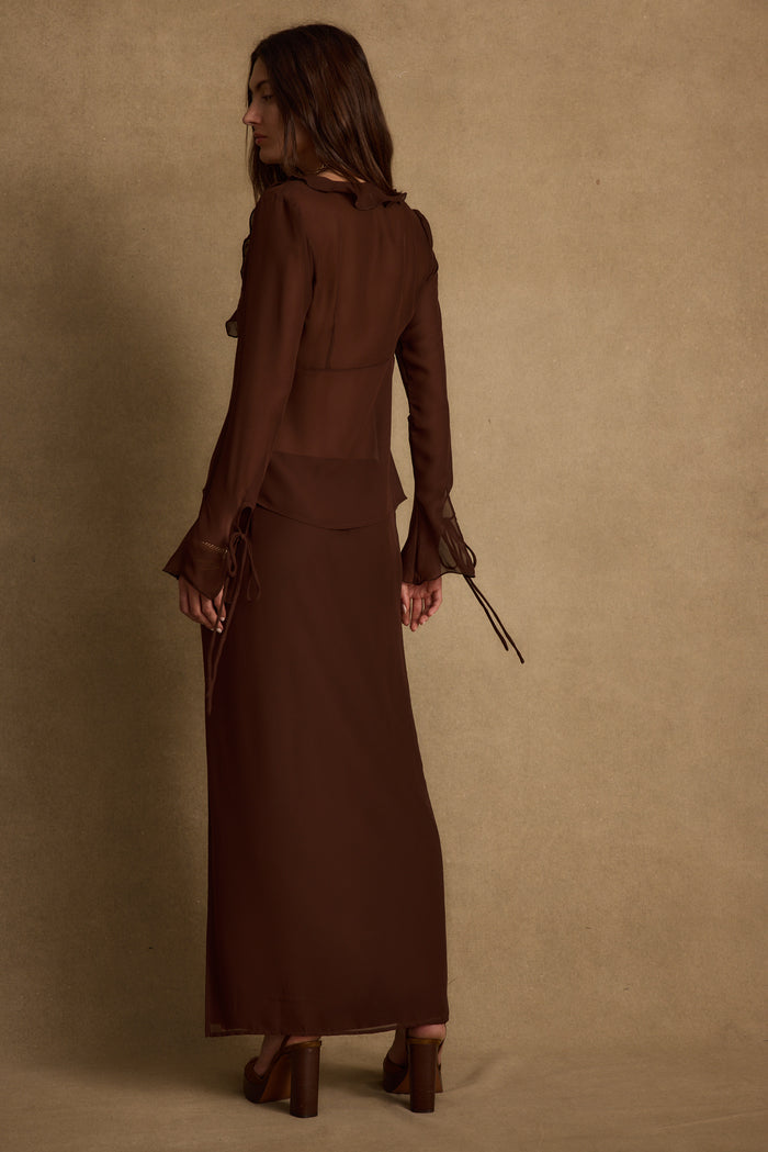 Close-up of the Layla Mocha Maxi Skirt showcasing the fabric texture and design details.