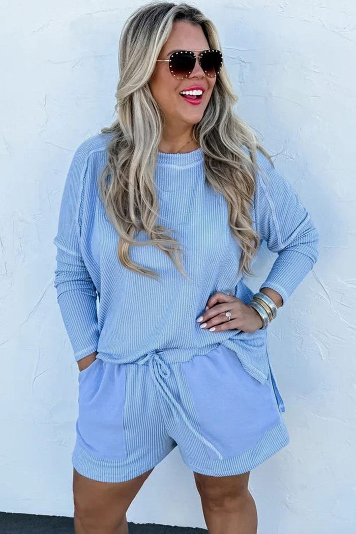 Light Blue Plus Size Ribbed Long Sleeve Top and Drawstring Shorts Set - Size/Plus Loungewear