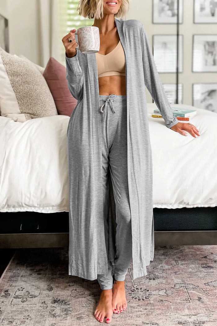 Light Grey Split Long Cardigan and Skinny Pants Lounge Set - LIGHT GREY / S / 65% POLYESTER + 30% VISCOSE + 5% ELASTANE