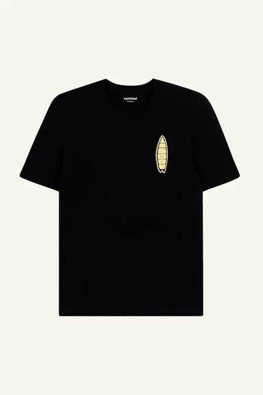 Contrast Lisbon Surfboard graphic t-shirt in Black, organic cotton designer graphic tee with surfboard print.