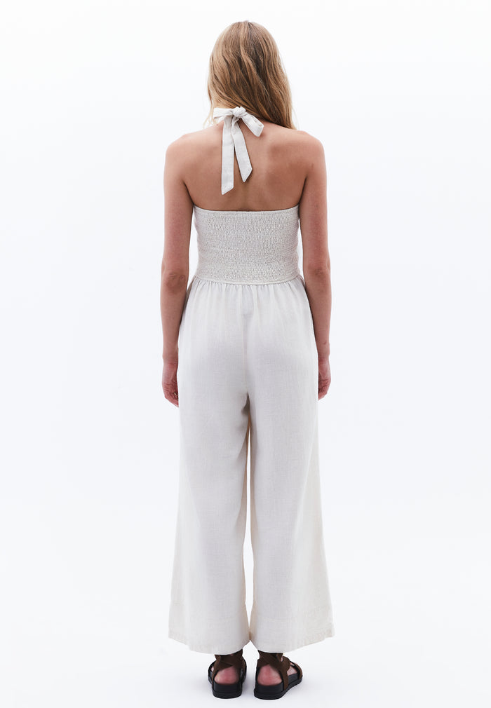 Long Linen Jumpsuit With Gipe Pocket Detail - NATURAL