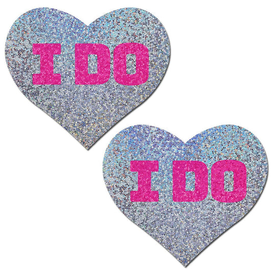 Love: Bridal Silver Glitter Hearts with Pink "I Do" Pasties - Intimate Whispers