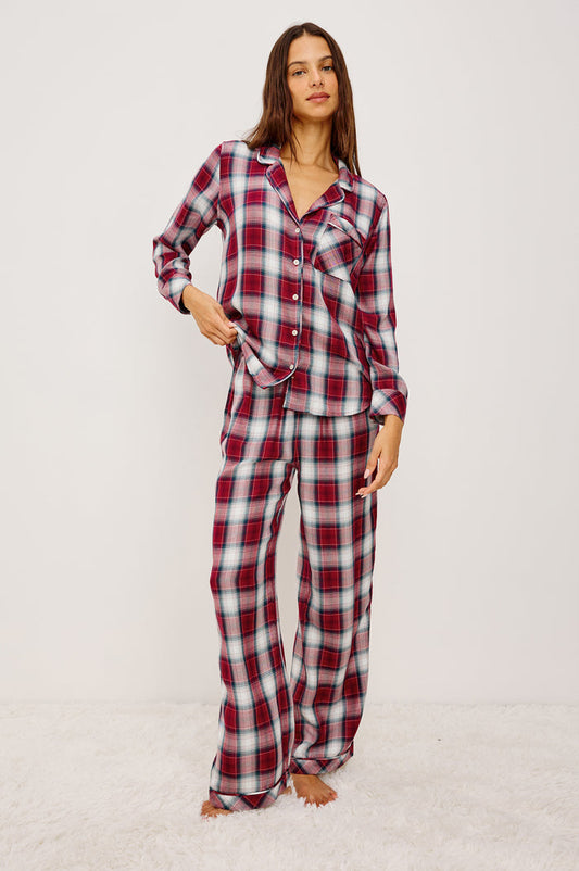 Luna Pajama Set in Signature Rayon With Button-Up Collared Shirt With Front Buttons, Long Sleeves, Chest Patch Pocket and Matching Pant With Side Pockets and Drawstring Waist Ties in Indigo Berry Colorway - Full Body Front View Featured on Model