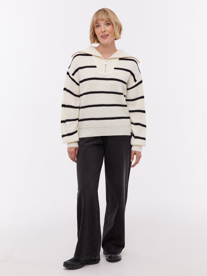 Margita Beige CR028 Knit 1/4 Zips Striped Oversized Collar Shot 2
