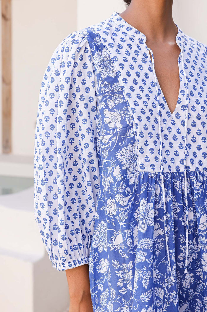Marina Organic Cotton Print Mix Dress | Cobalt/White