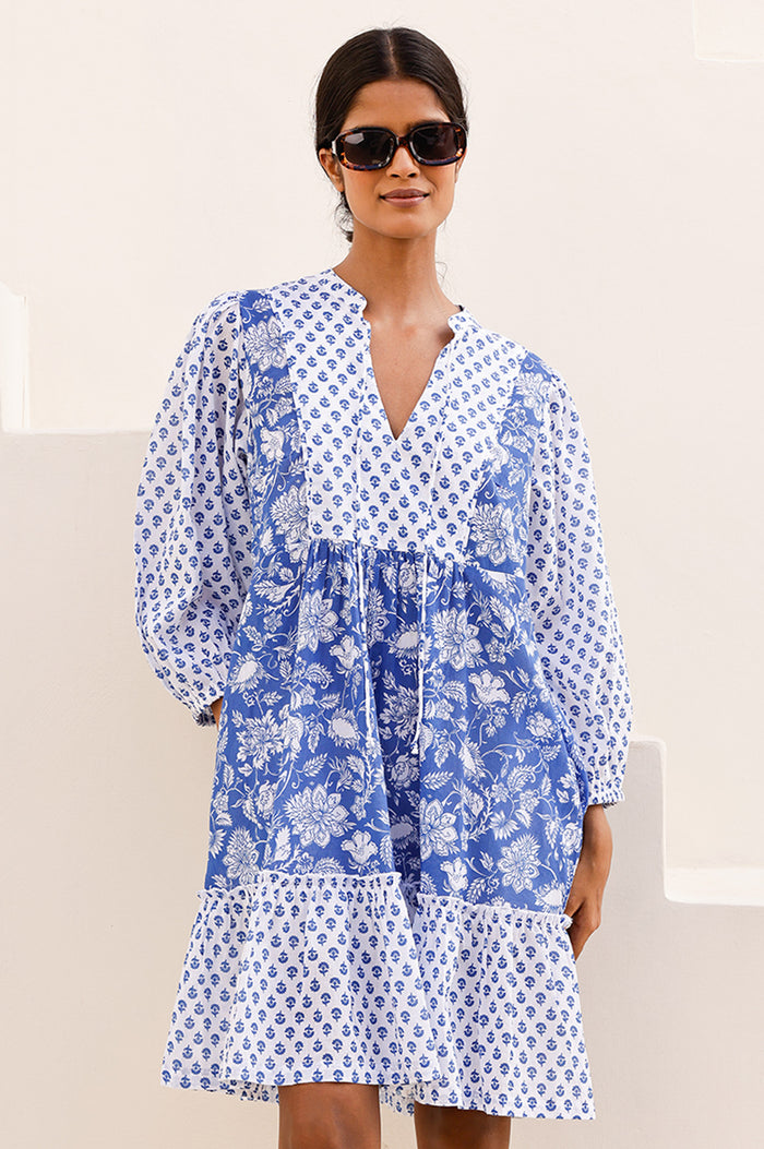 Marina Organic Cotton Print Mix Dress | Cobalt/White