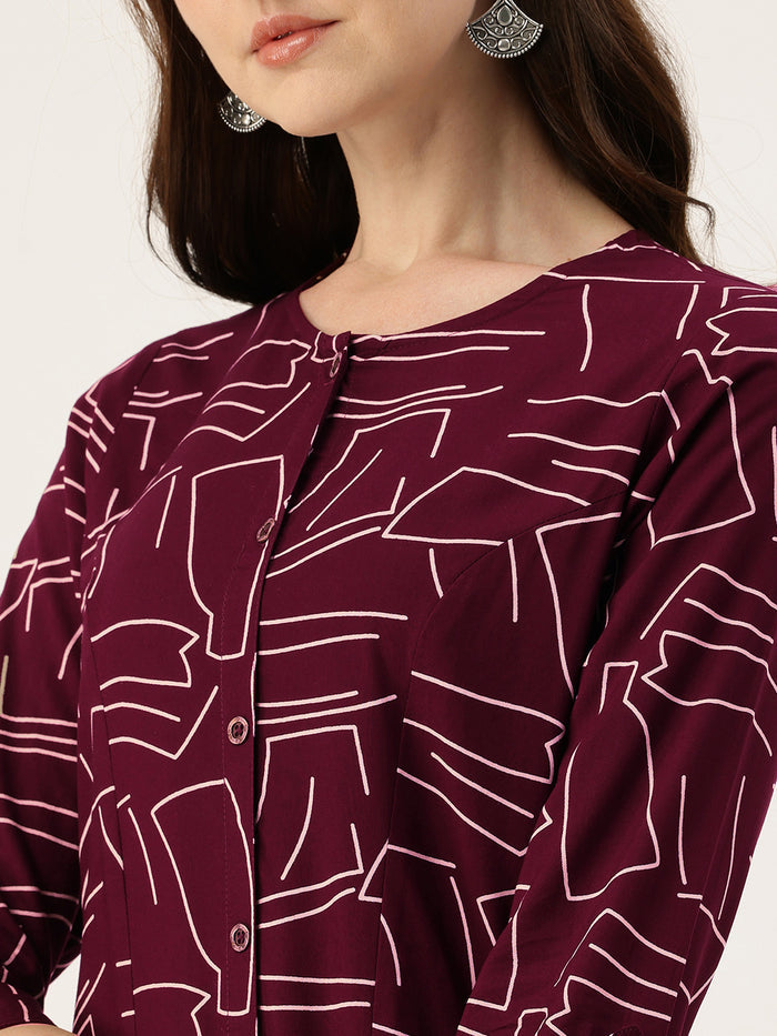 Maroon Geometric Printed A-Line Kurta