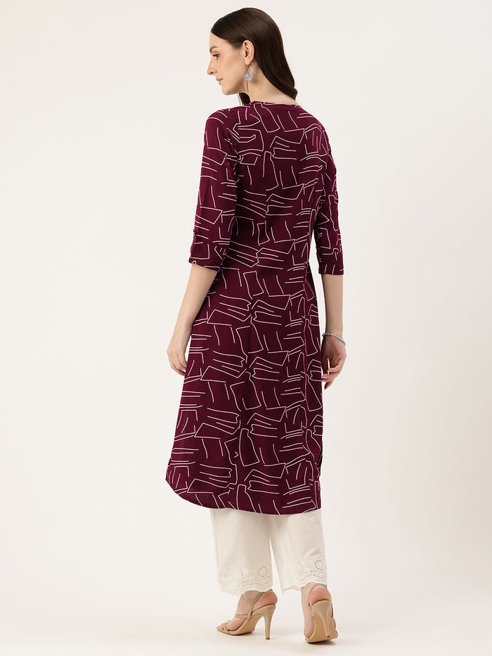 Maroon Geometric Printed A-Line Kurta