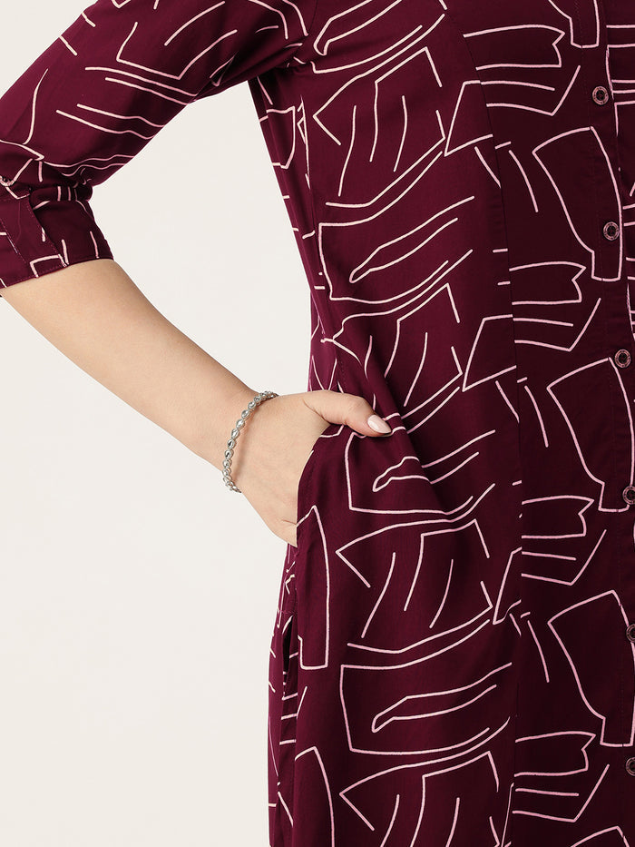 Maroon Geometric Printed A-Line Kurta