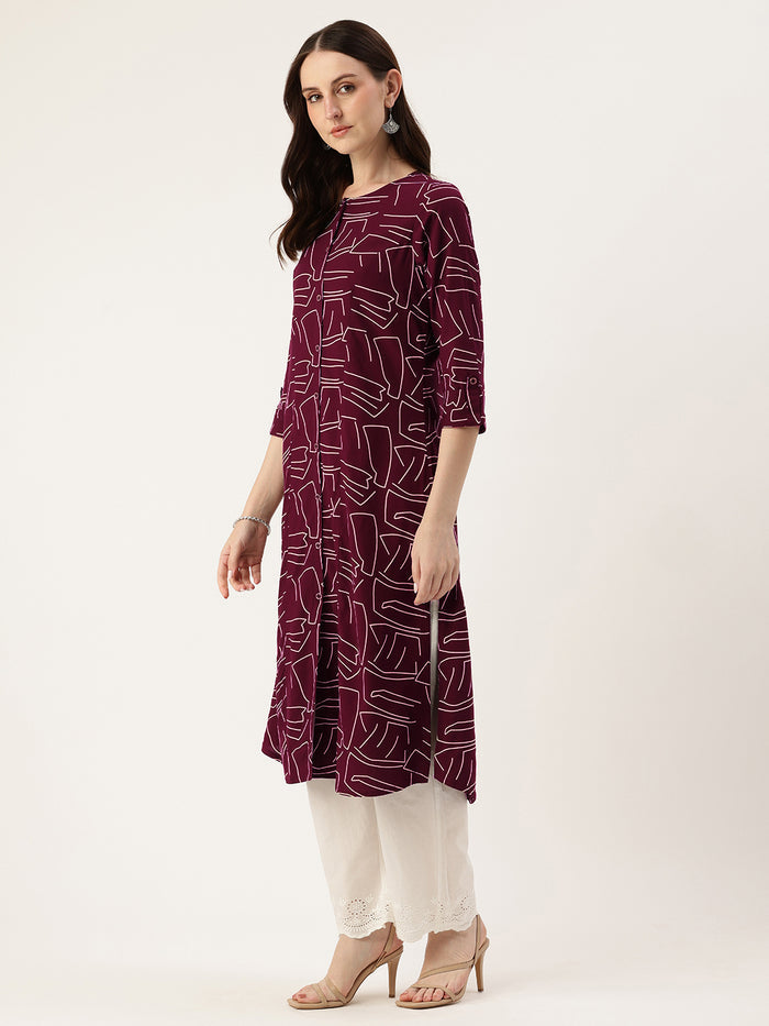 Maroon Geometric Printed A-Line Kurta
