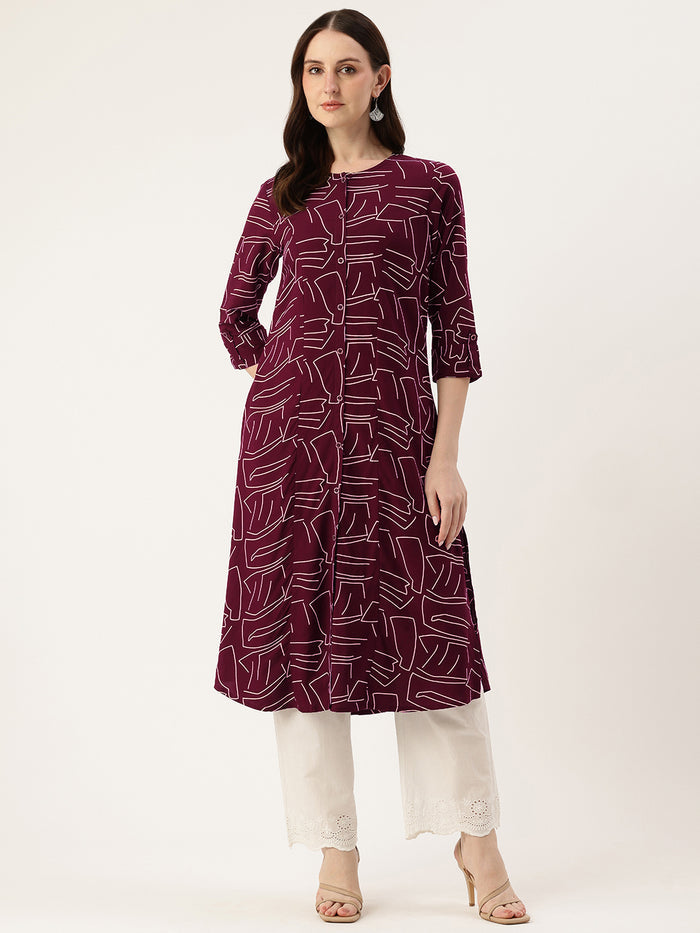 Maroon Geometric Printed A-Line Kurta