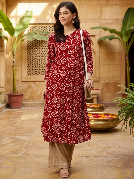 Maroon Geometric Printed Roll-Up Sleeves A-Line Kurta