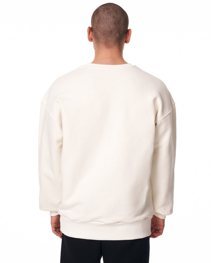 Martin Valen men's oversized white sweatshirt, rear view of torso showing neckline and shoulder seams