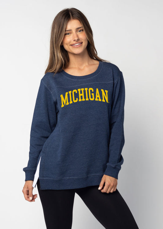 Michigan Wolverines Women's Navy  Feathered fleece  with Long side slits finished with white twill tape and front yoke seam