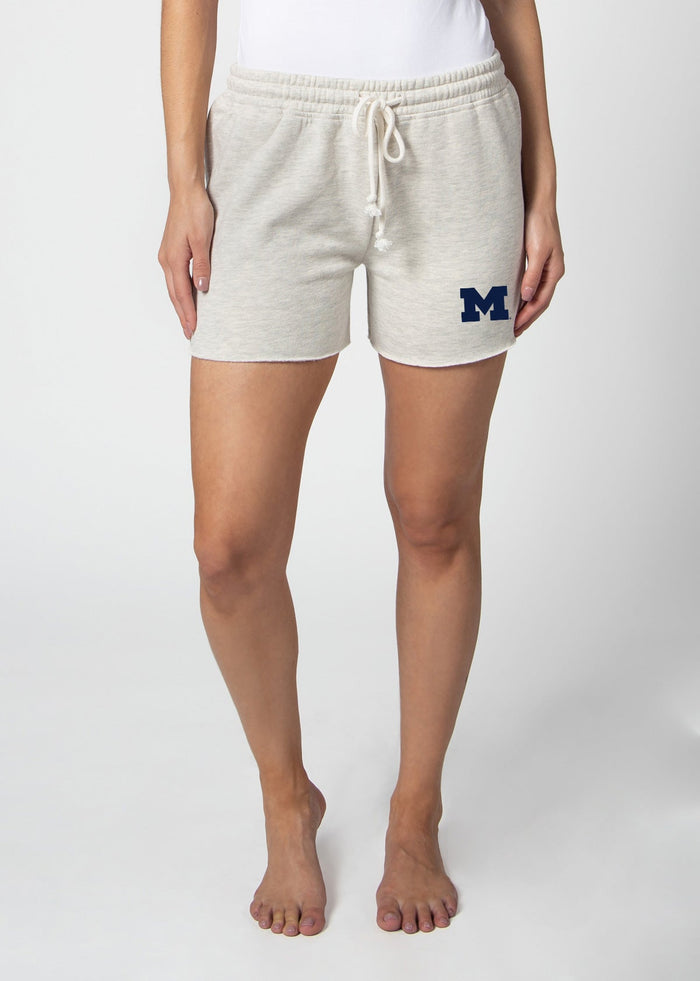 Michigan Wolverines Women's Ash-Grey Relaxed, high-waisted Heavyweight Fleece  with Drawstring waistband and raw edge hemline