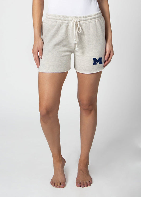 Michigan Wolverines Women's Ash-Grey Relaxed, high-waisted Heavyweight Fleece  with Drawstring waistband and raw edge hemline