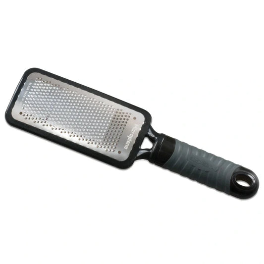 Fine Metal grater with black handle on a white background