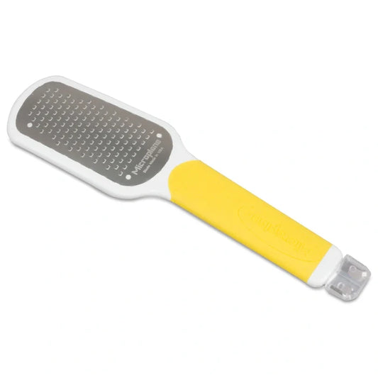 Yellow handle Microplane Ultimate Citrus Tool on white background.