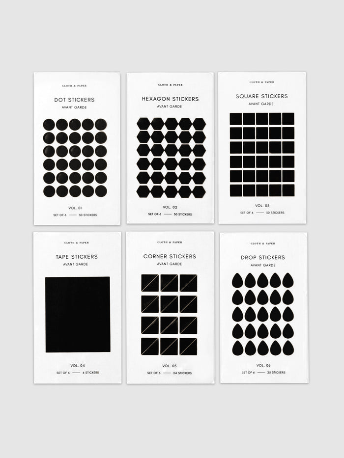 Mini Shape Sticker Set, Transparent, Avant Garde, Cloth and Paper. One of each sticker sheet laid out next to each other, 3 on top and 3 below. Stickers sheets are all perpendicular to each other, turned slightly to the right against a neutral background.