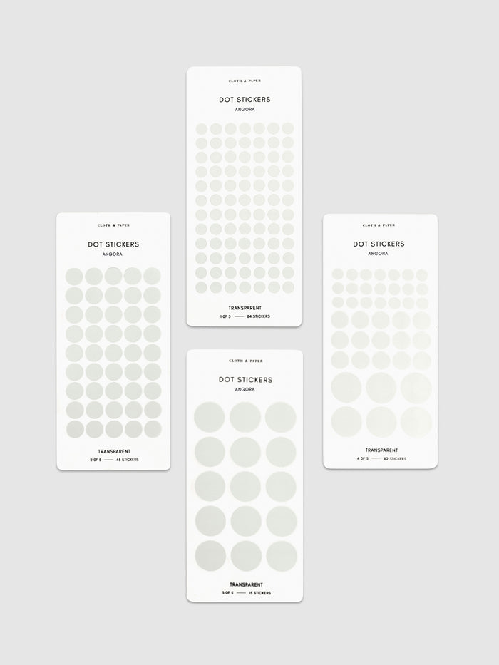 Four sheets of Angora dot stickers in different sizes arranged parallel to each other.